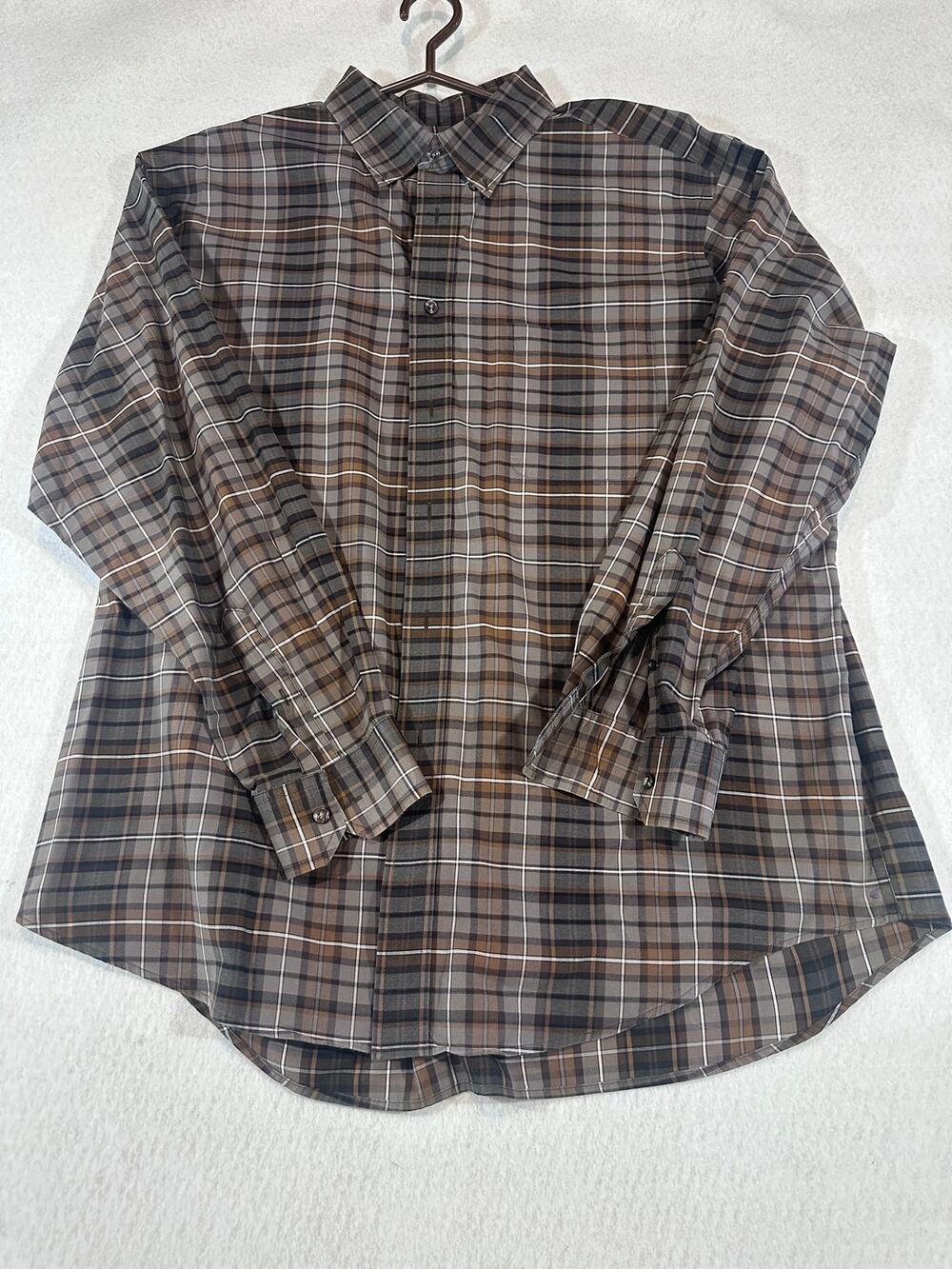 Roundtree & Yorke Mens Plaid Long Sleeve Button Down Shirt Brown Gray Classic XL